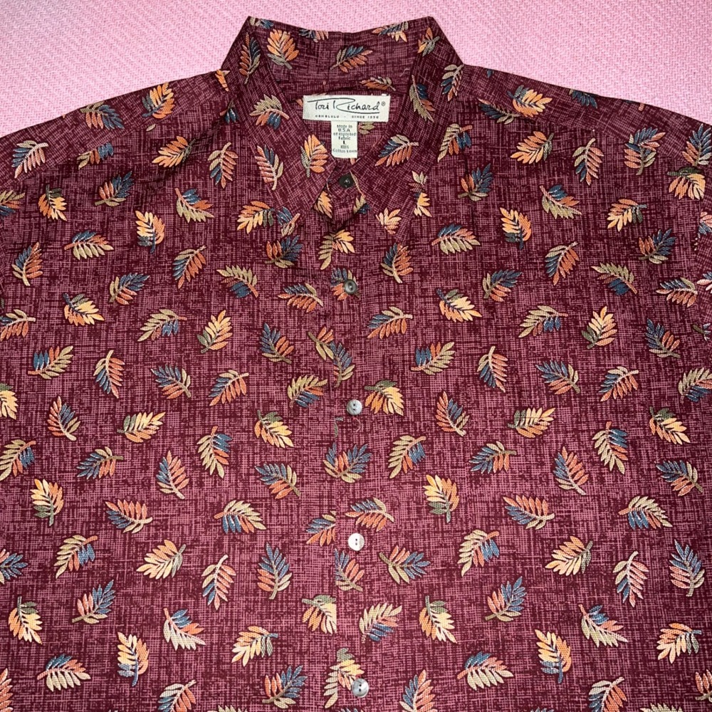 Tori Richard Vintage Mens Burgundy Cotton Lawn Leaf Print Hawaiian Shirt L